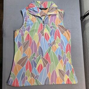 Tango‎ Mango Womens Small Multicolor Leaf Print Quarter Zip Sleeveless Top P/S